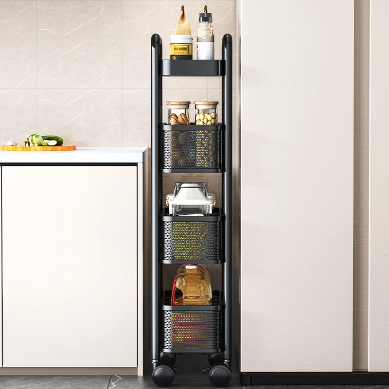 Stainless Steel Ultra Narrow Kitchen Shelf Floor Standing Refrigerator Trolley Bathroom Cabinet Mobile Storage Rack Furniture