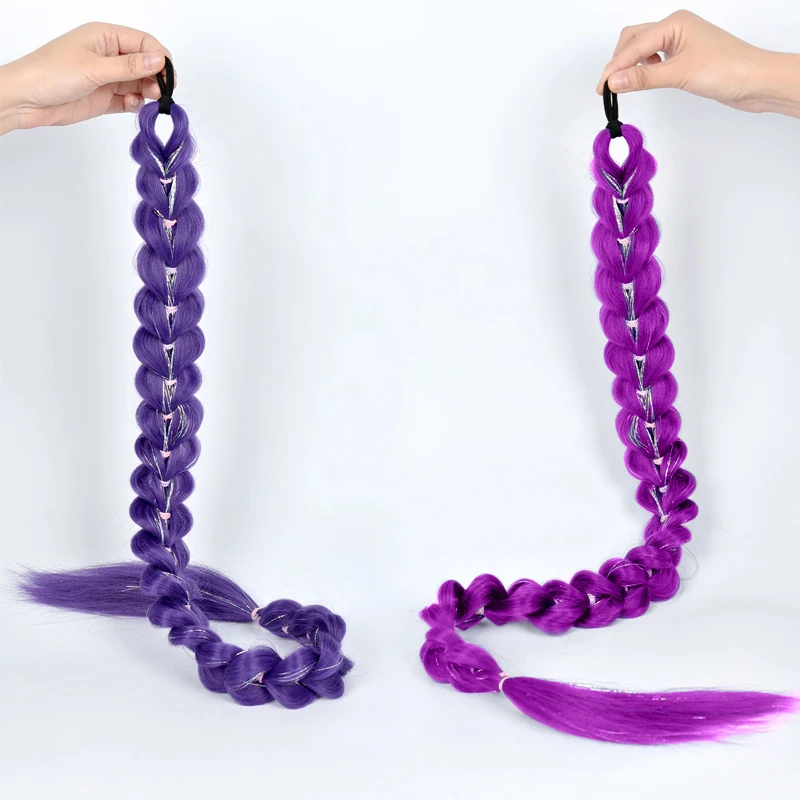 LUPU 32inch Purple Synthetic Braided Wig With Elastic Band and Shiny Colored Tinsel Ponytail, Suitable for Girls'  Hairstyle