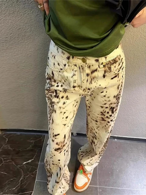Jean droit à jambes larges imprimé léopard pour femmes, taille haute, rétro, Streetwear Y2k, pantalon Vintage, pantalon en Denim de rue 3