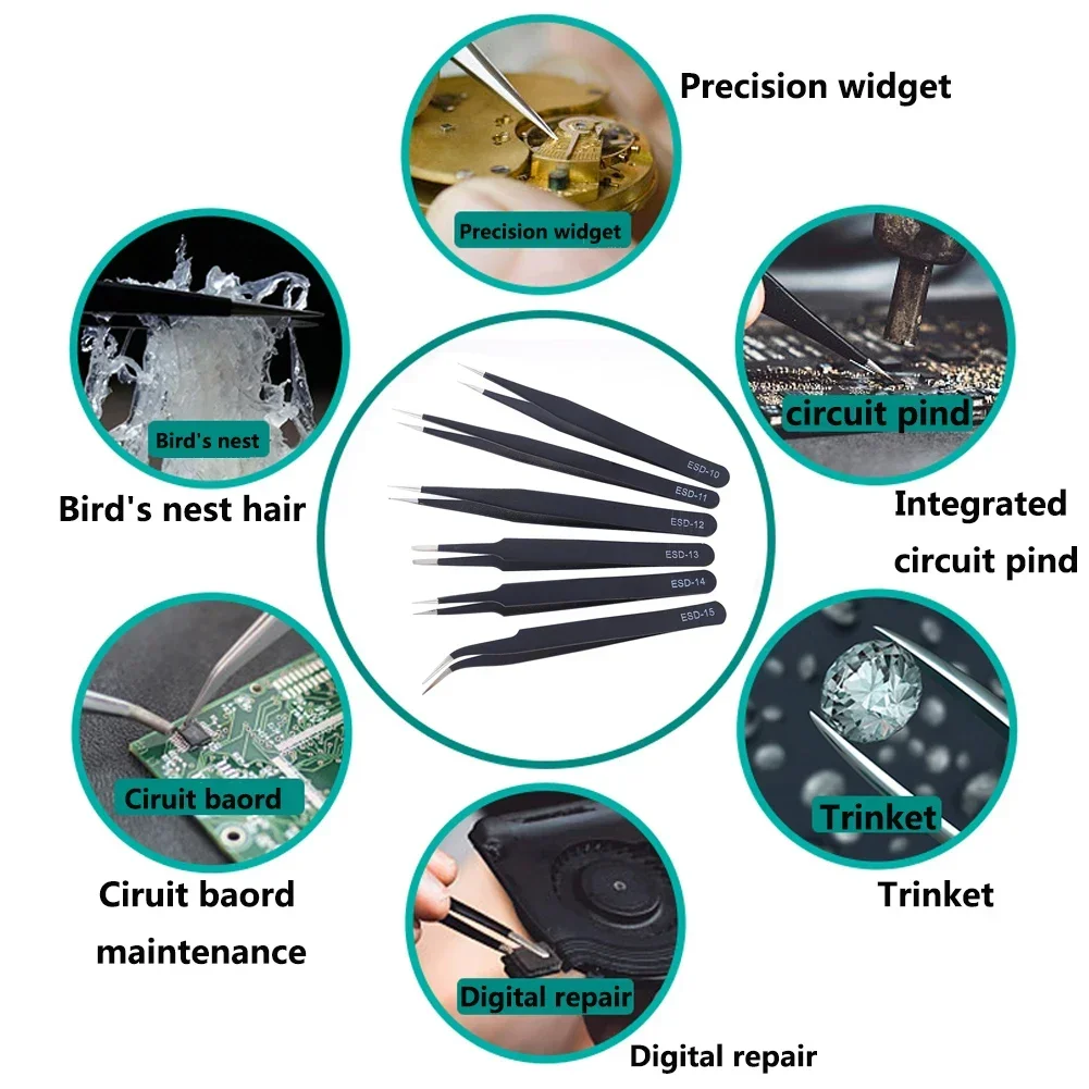 Precision Tweezers Set ESD Anti-Static Stainless Steel Tweezers Repair Tools Electronics Repair Soldering Craft Tools 2/6pcs precision tweezers tweezer tool esd anti static tweezers soldering tweezers phone repair tweezers