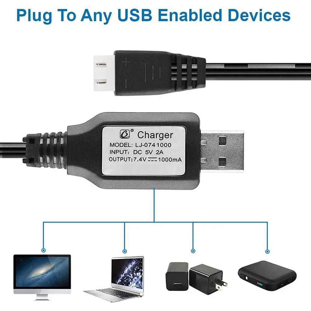 Câble chargeur USB 7.4V 1000mA déroulé, embout mâle rouge et noir pour batterie lithium RC tank robot