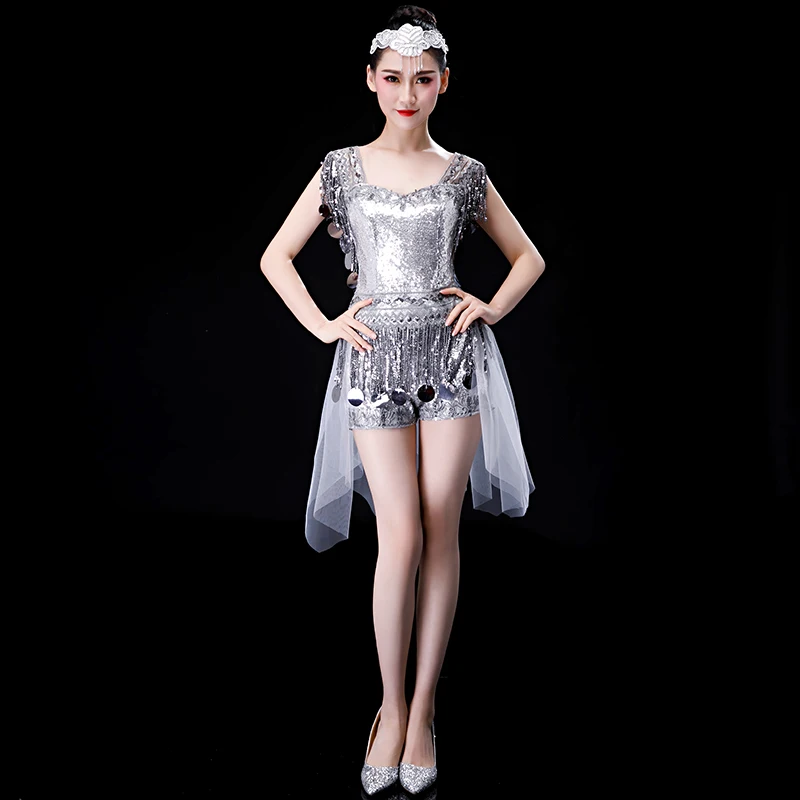 

Night Club Performance Set New Sliver Modern Dance Costumes Sequins Show Jazz Dress Lady