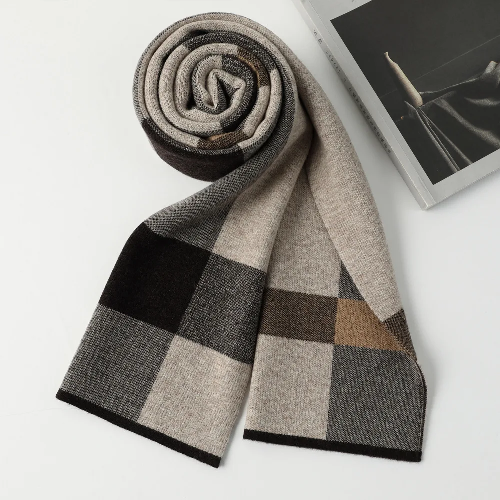 Knitted scarves Women scarves High Quality Pure Wool Men Scarves Autumn Winter Simple Classic Business Checkered Muffler Male 100% Wool Shawl Gentlemen Gift