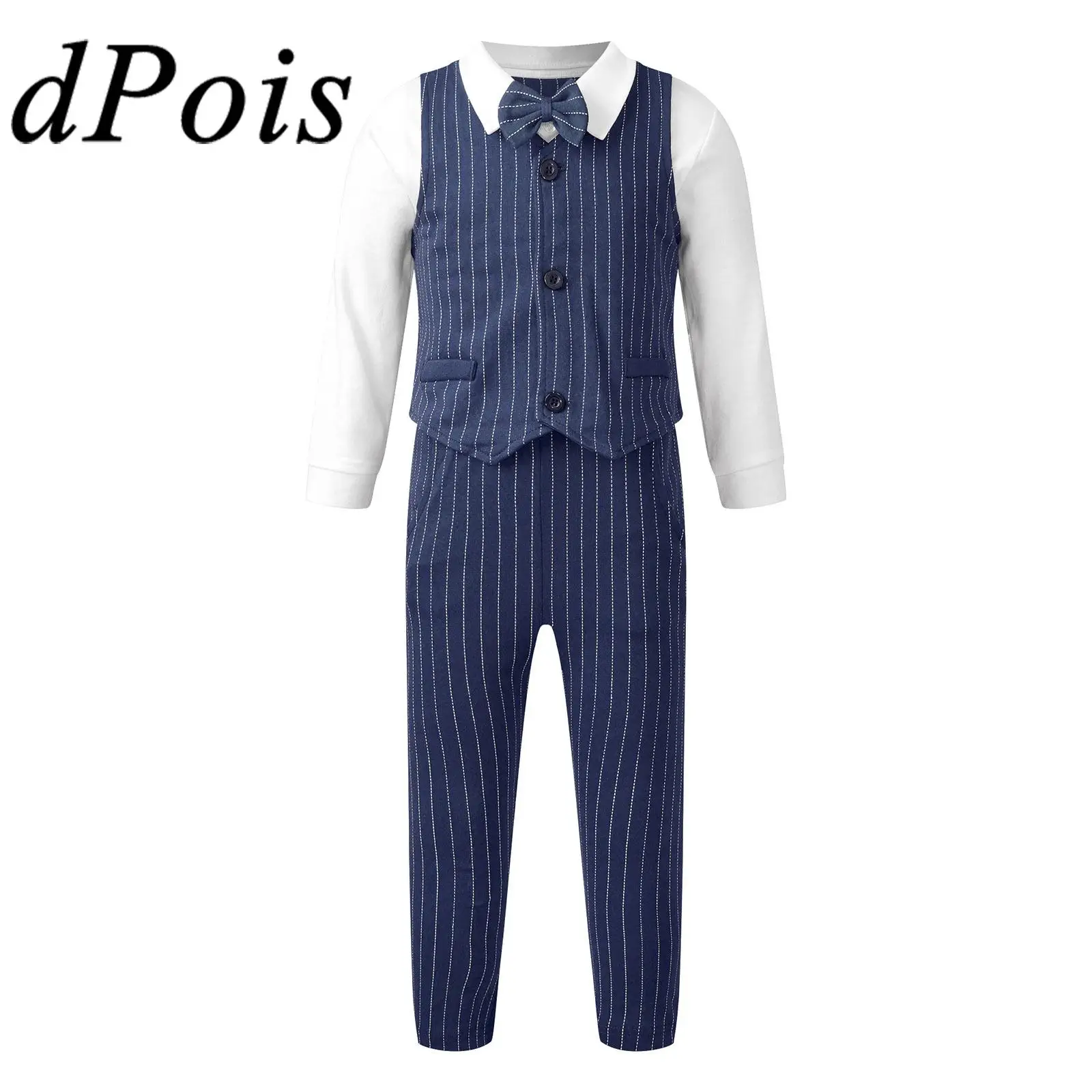 

Toddler Kids Gentlemen Outfit Long Sleeve Shirt with Bow Stripe Vest Pants Birthday Party Boy's Suit School Uniforms Formal Sets