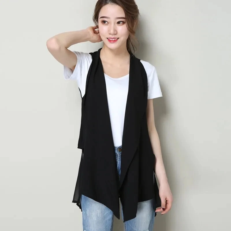 

Summer Chiffon Vest for Women Fashion Korean Elegant Women's Sleeveless Open Front Cardigan Vest Black Lightweight Cool Coat