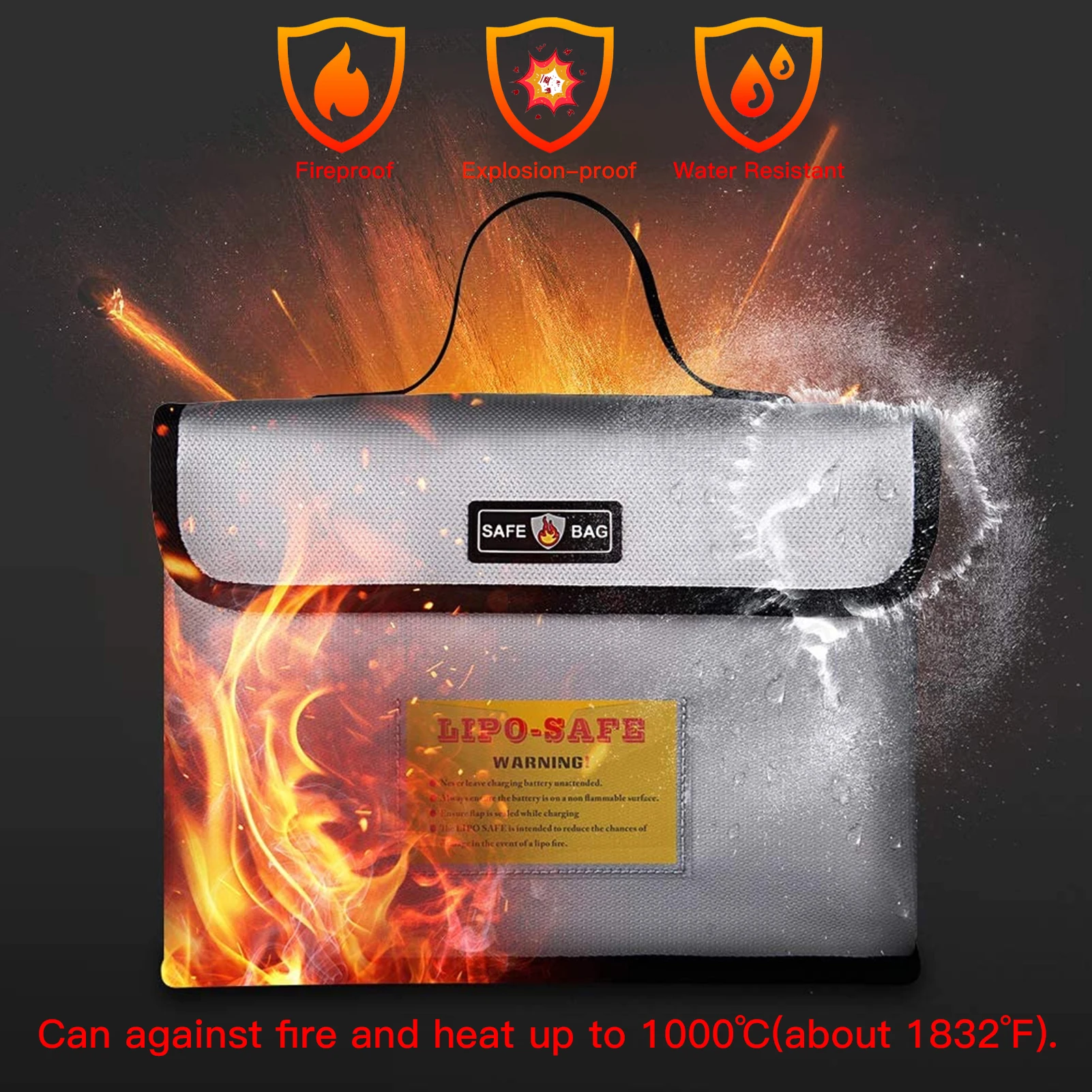Sac de sécurité ignifuge pour batterie Lipo avec batterie insérée et câbles de charge visibles.