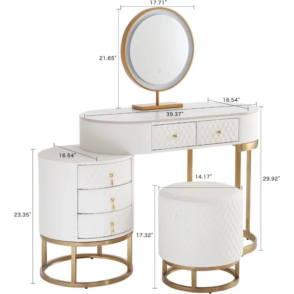 Premium White Faux Leather Vanity Desk Set with Integrated LED Mirror, Comfy Stool and Multifunctional Drawers, White desk 2