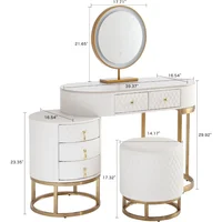 Premium White Faux Leather Vanity Desk Set with Integrated LED Mirror, Comfy Stool and Multifunctional Drawers, White desk 2