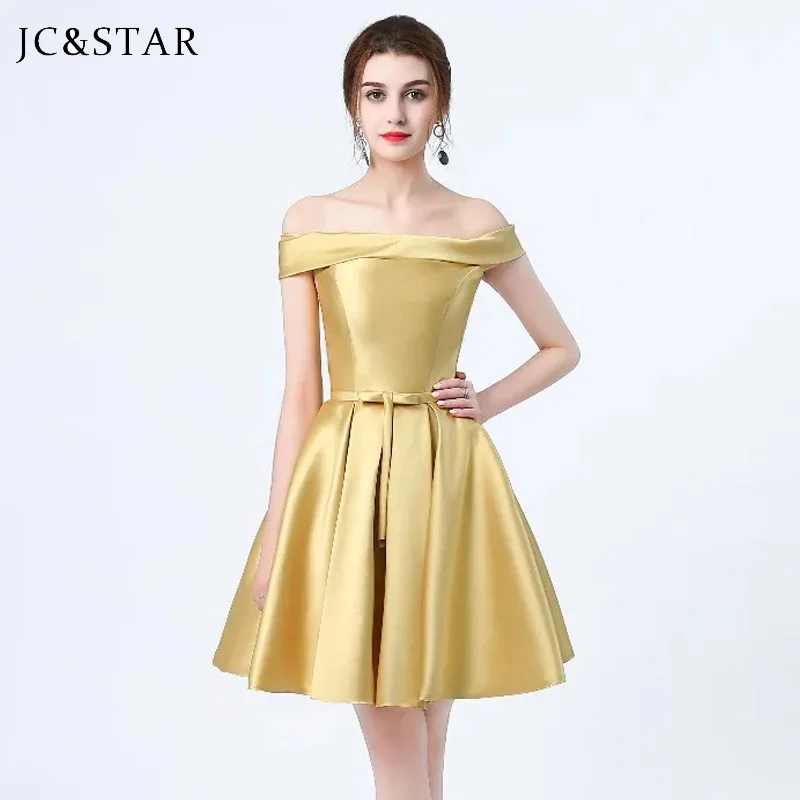 Gold Wedding Party Dress Short Satin OFF Shoulder robe demoiselle d honneur femme Elegant chic prom night vestido elbise free s