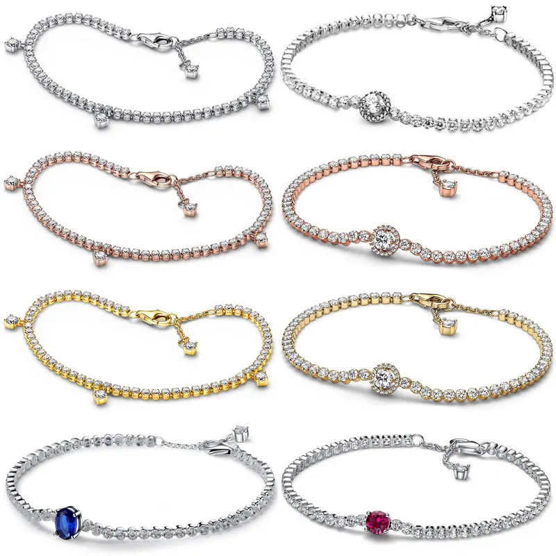 

Red & Blue Sparkling Drops Halo Tennis Chain Link Bracelet Bangle Fit Fashion 925 Sterling Silver Bead Charm DIY Jewelry