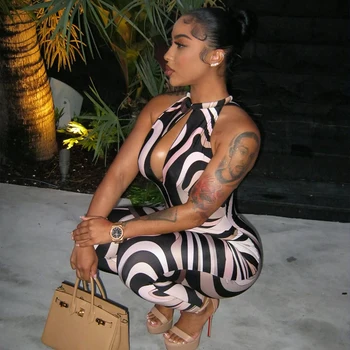Zebra Print Jumpsuit Women o-Neck Sexy Hollow Off shoulder Sleeveless Skinny Peach Hip Hottie Street Fashion Overalls 1