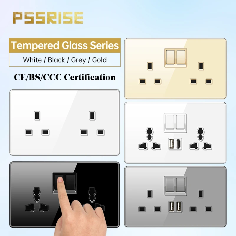 Pssrise 146 tipo uk ue Tomada de Interruptor de Parede com dc 5v 3.1a Tipo-c Carregador Usb Painel de Vidro Temperado Completo Interruptor de Luz Tomada de Energia