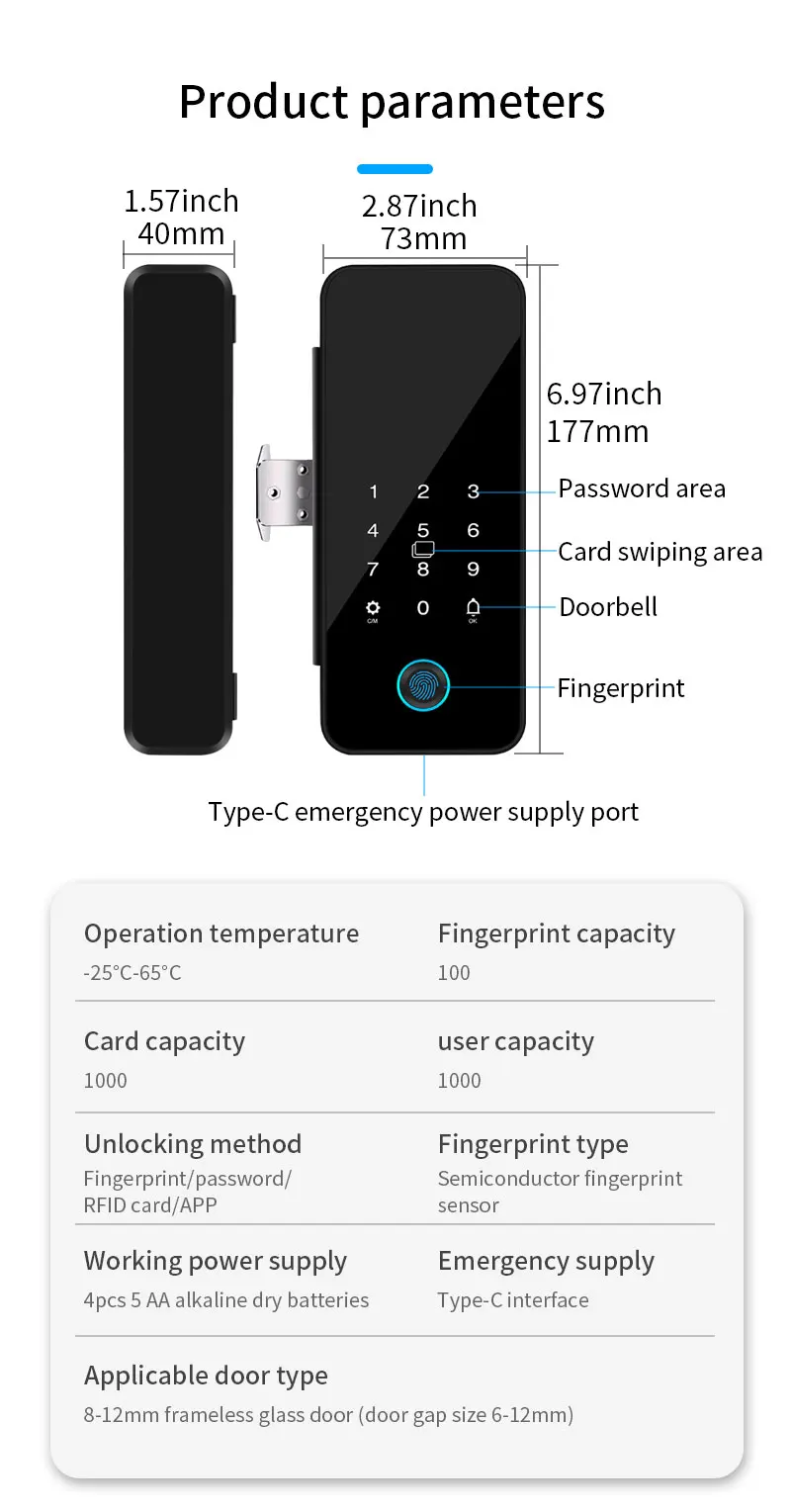 Tuya Bluetooth Biometric Glass Door Smart Lock Fingerprint Password Card Electro