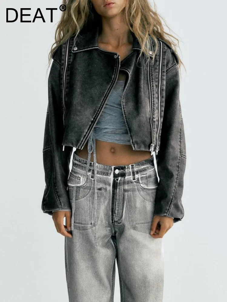 

DEAT Fashion Women's PU Leather Jackets Lapel Long Sleeve Multi Zipper Distressed Short Black Slim Coats Autumn 2023 New 7AB1592