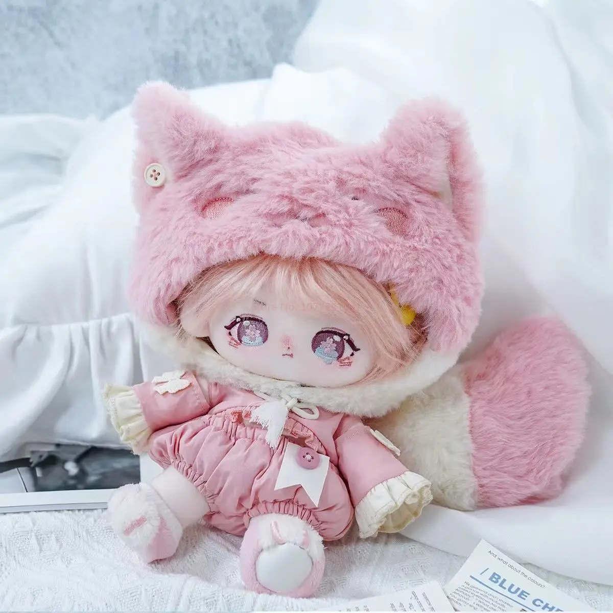 Limited Stock 20cm Pink Kawaii Plush Human Doll Figure Baby Doll With Animal Ears Big Tail Cute Face Collection Toy Gift