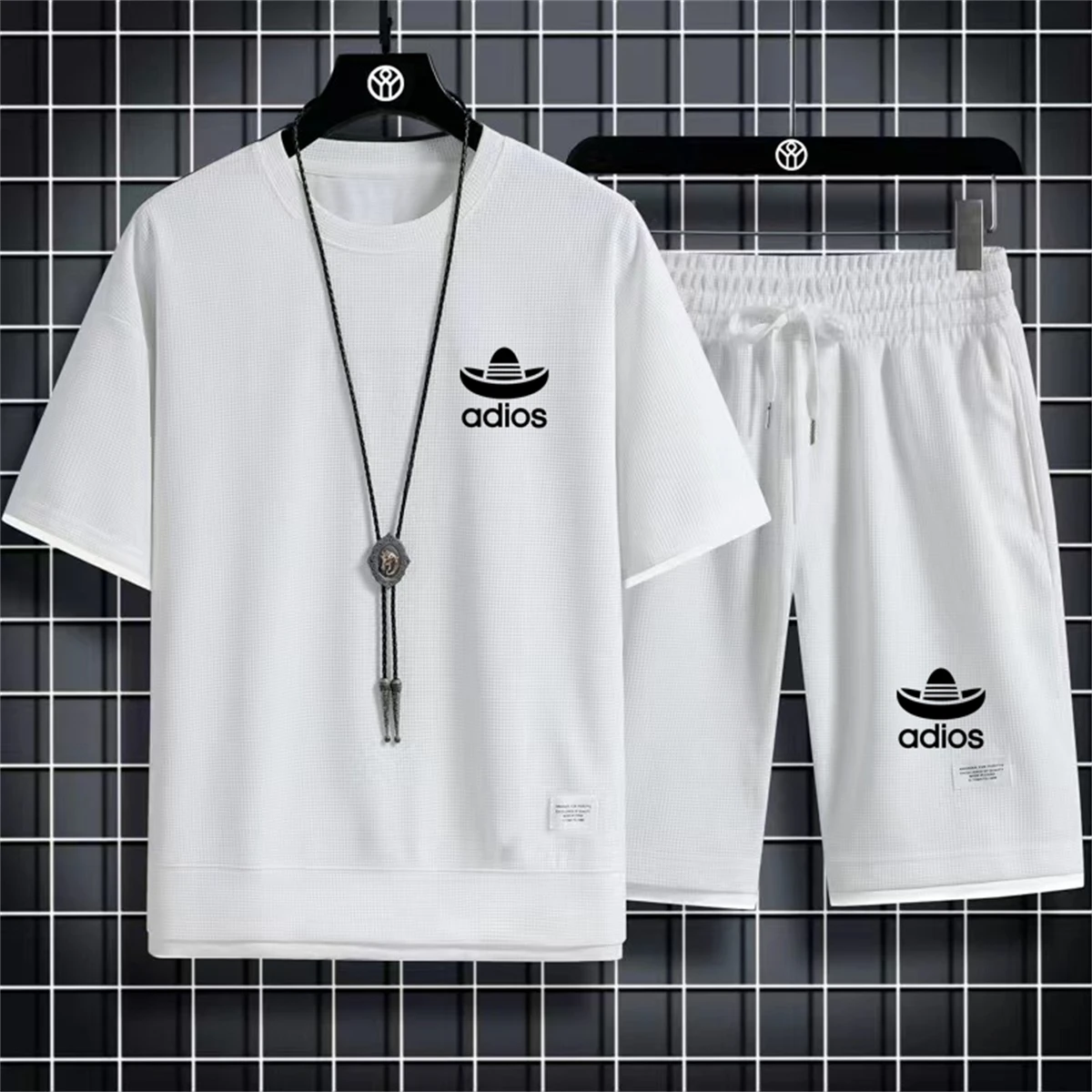 Waffle Comfort Men's Suit Straw Hat Print Fashion Casual Short Sleeve Two-piece Set Handsome Men's Short Sleeve Suit