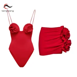 Tengweng Sexy Women Swimwear 2024 Retro 3D Flower Halter Swimsuit Skirt Bikini Sets Beach Dress Bathing Suit Vintage Beachwear