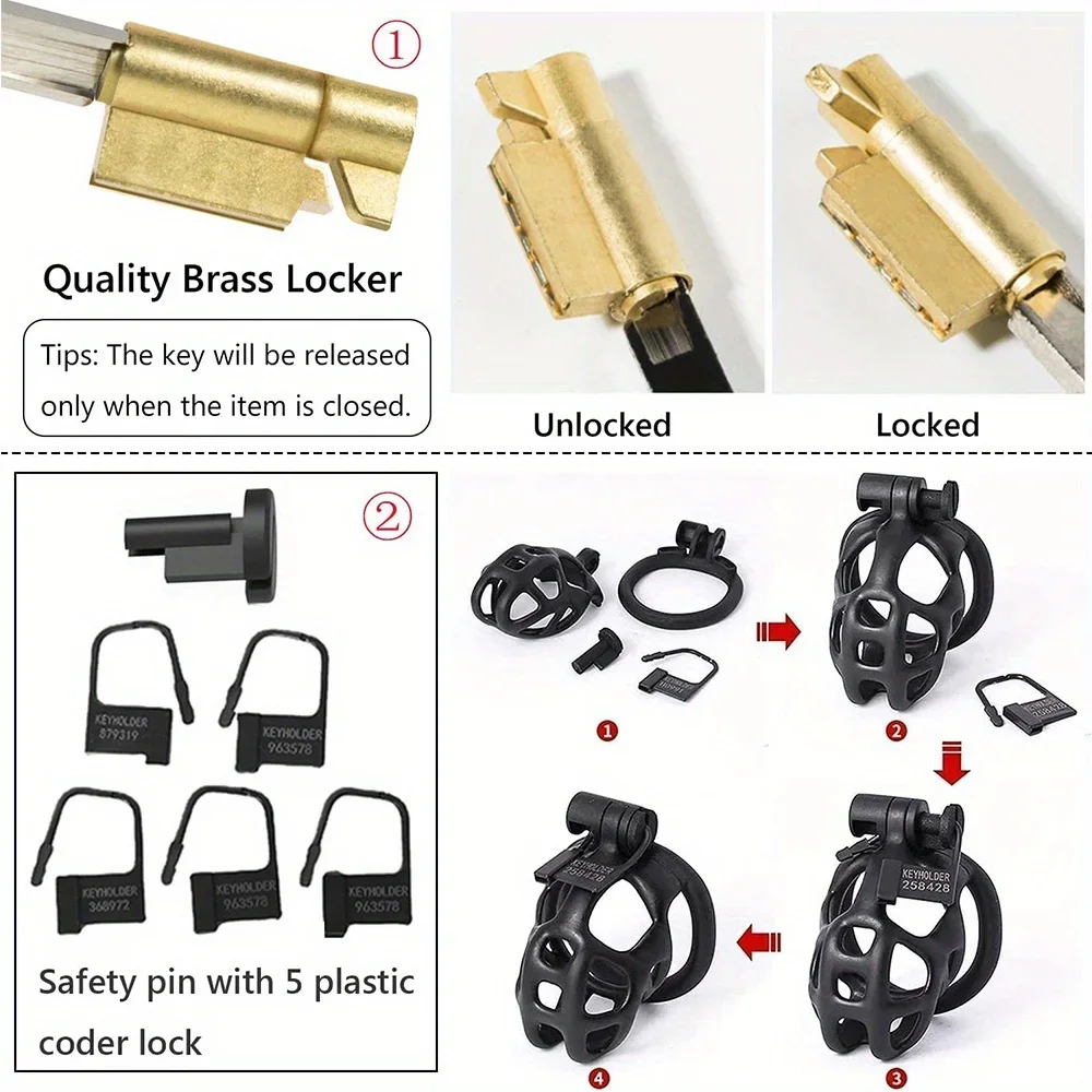 Penis Chastity Cage Chastity Lock Sex Toy Penis Cock Ring Male Penis Lock Chastity Cage with Lock and 4 Rings Resin Virginity for Men Breathable Cock Ring Penis Fetish Restrain