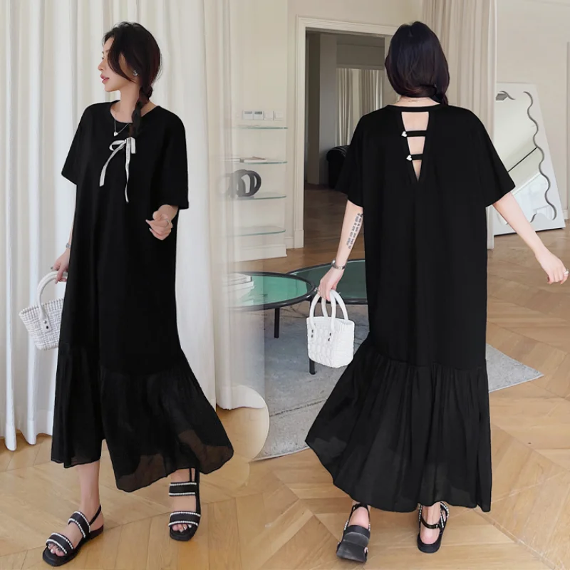 

2024 Summer New Korea Woman Dress Vestidos Robe Off The Back Loose Plus Size Black Mermaid Short Sleeve Long Dresses KE6772