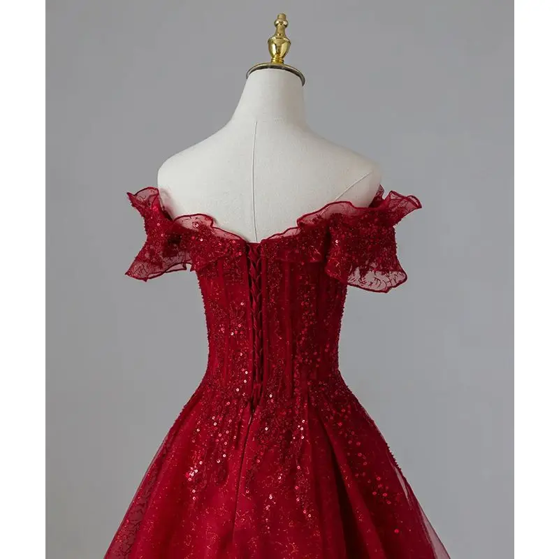 Wine off shoulder luxury long women princess banquet party ball prom dress performance gown