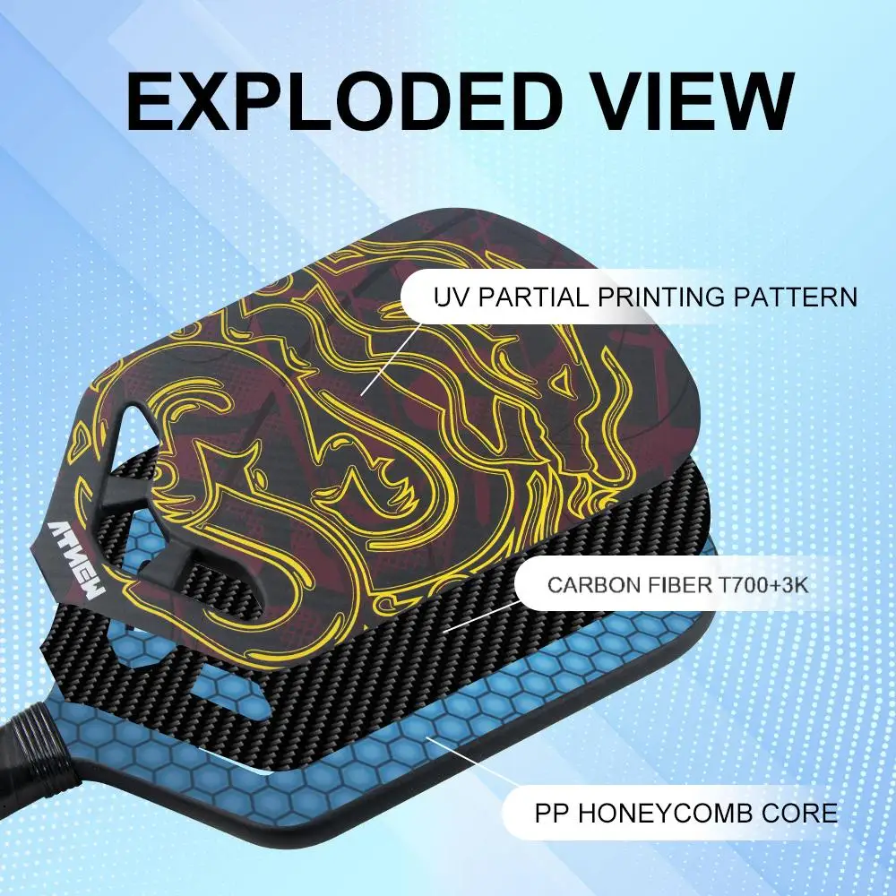 ATNEW JSR-342 Dragon Pattern Edgeless Pickleball Paddle Carbon Fiber 3K Surface,Thermoformed T700 Carbon Fiber Picklebll Paddle