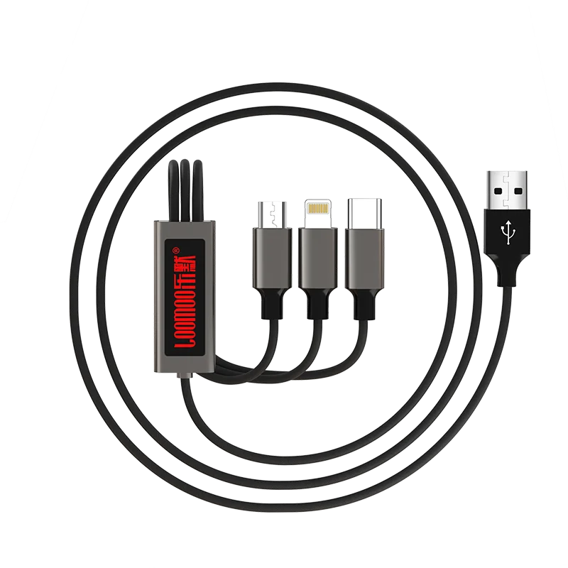 

LOOMOO LCB-211 Luminous Screen Display Data Cable One Drag Three Applicable for Android Type-C Iphone Xiaomi Huawei Data Cable