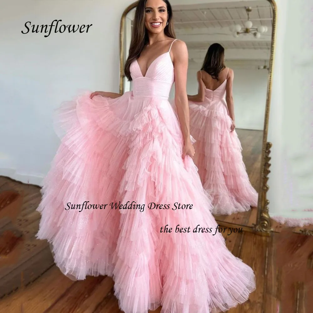 Sunflower V-Neck Spaghetti Strap Evening Dress 2023 Slim Backless Tulle Prom dress Tiered A-LINE Floor-Length Pary Dress