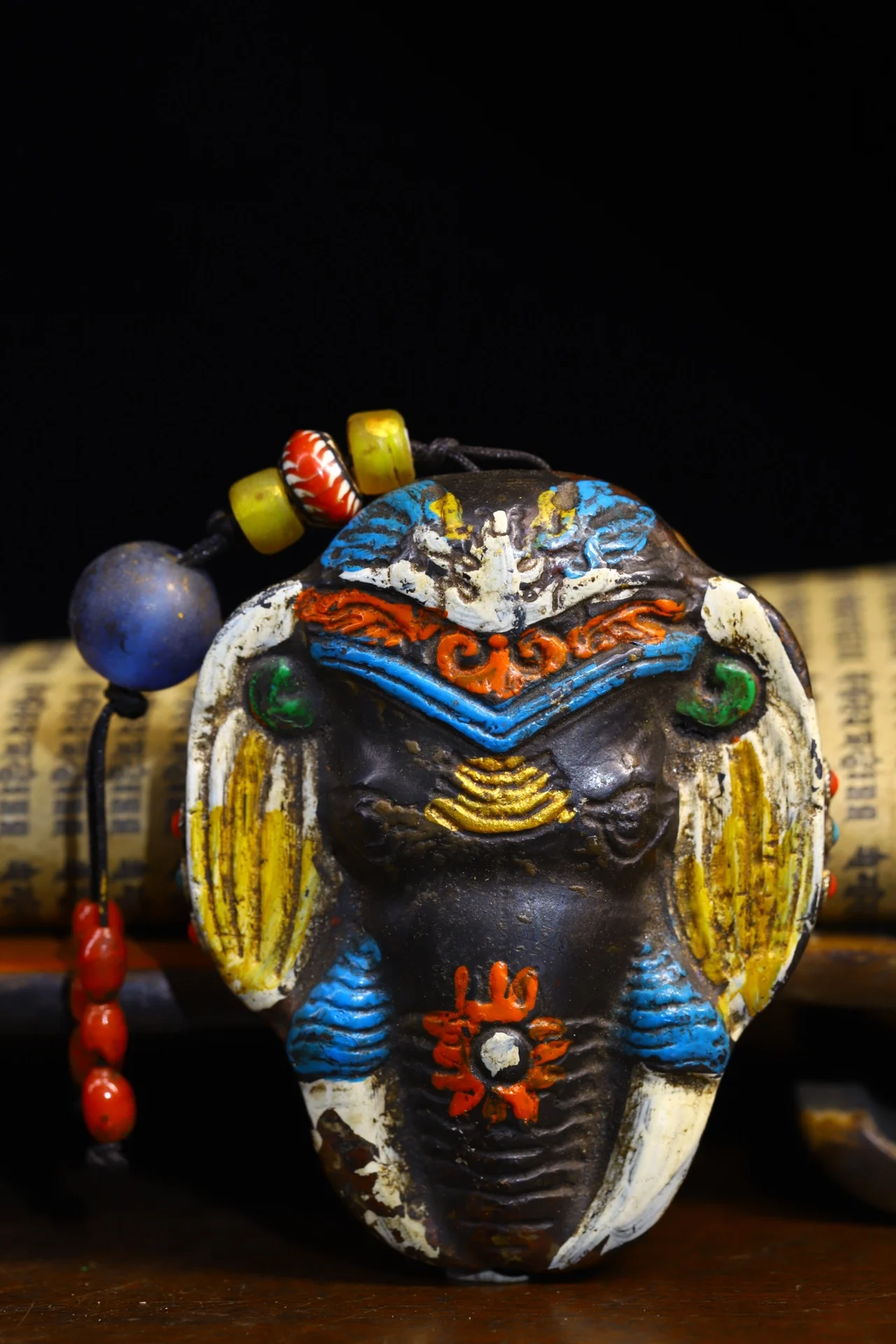 

3"Tibet Temple Collection Old Natural Meteorite Mosaic Gem gZi Beads Shell Ganesha Elephant head Pendant Amulet Dharma