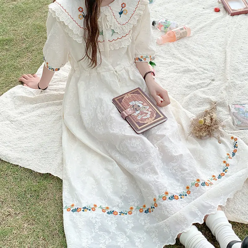 

Kawaii Mori Girl Style Flower Embroidery Dress Women Summer Cute Vintage Doll Collar Half-sleeve A Line Beige Long Dress 2024