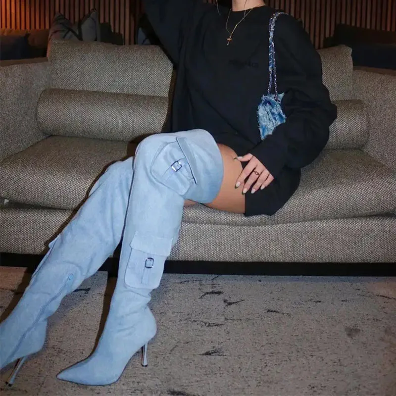 

Women Boots Sexy Pointed Toe Thin Heel Over the Knee Boots Fashion Pockets Decoration Super High Heel Runway Style Modern Boots
