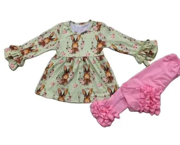 

Baby Girls Easter Outfit Sets Short Sleeve Letter Print Romper Rabbit Egg Print Flared Pants Long Sleeve Girls Easter Outfit