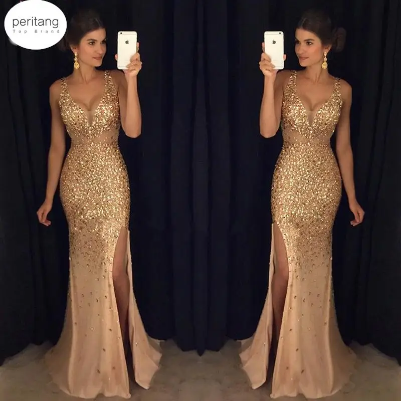 

High Slit Women Sequin Prom Party Elegant Lady Backless Sexy Ladies Gold Elegant Bridesmaid V Neck Long Female robe Dress