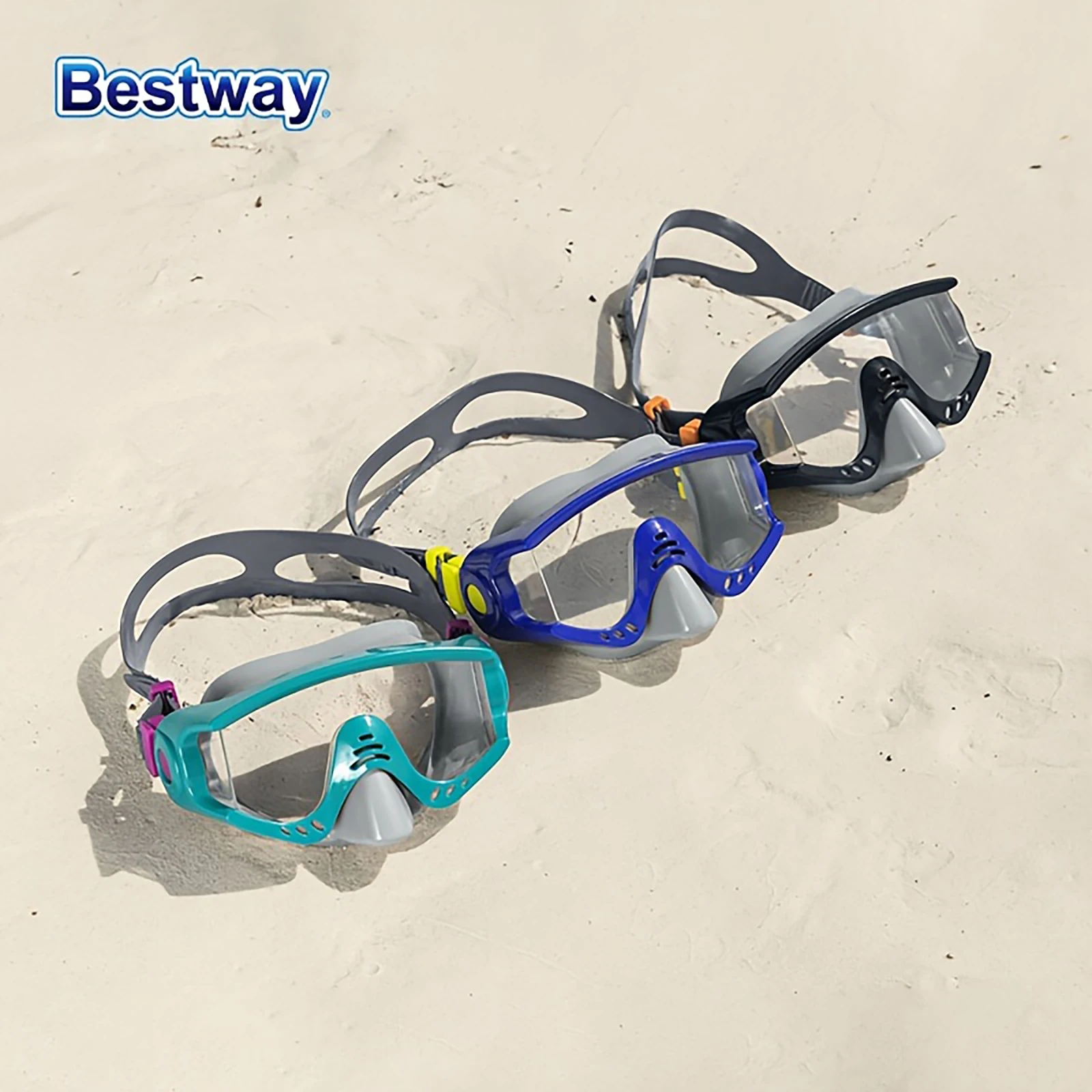 Bestway 22044 3 Colours/1 Swimming Goggle SetAdjustable Silicone Headband, Snorkelling Diving MaskPanoramic HD Swimming Mask