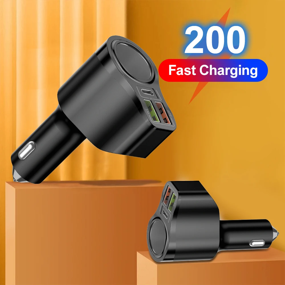 4 Ports Car Charger 200 2.4A Dual USB 36W PD Quick Charge Car phone Charger Cigarette Lighter Fast Power Adapter