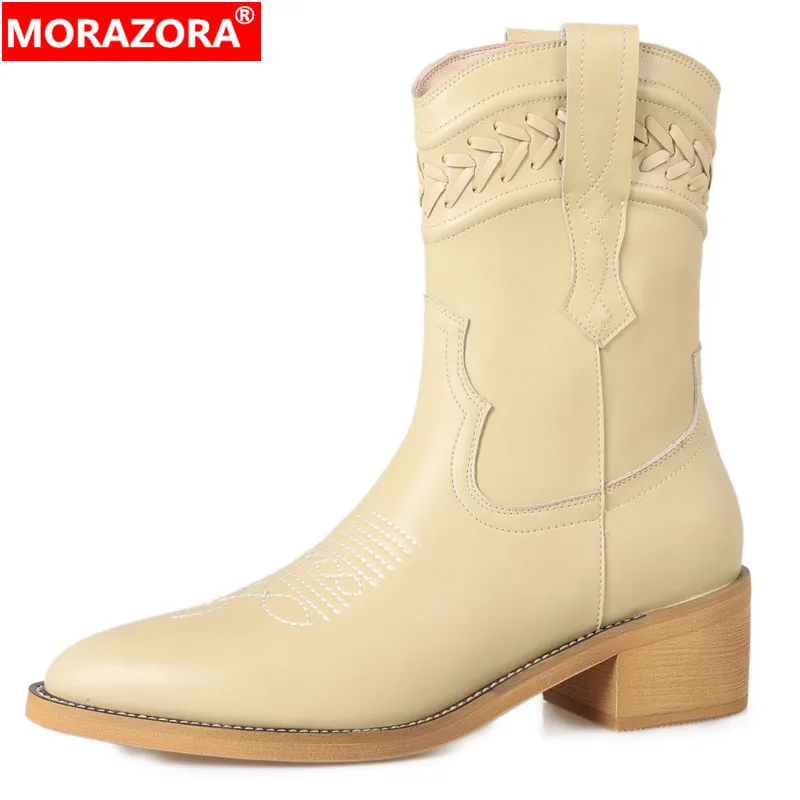 

Женские сапоги без застежки MORAZORA, черные сапоги до середины икры, из натуральной кожи, с вышивкой, в западном стиле, новинка зимнего сезона 2024