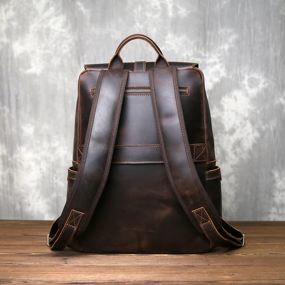 Retro Durable Crazy Horse Leather Backpack Men's Headlayer Leather Large Capacity Zipper Buckle with Outdoor Travel Computer Bag 2