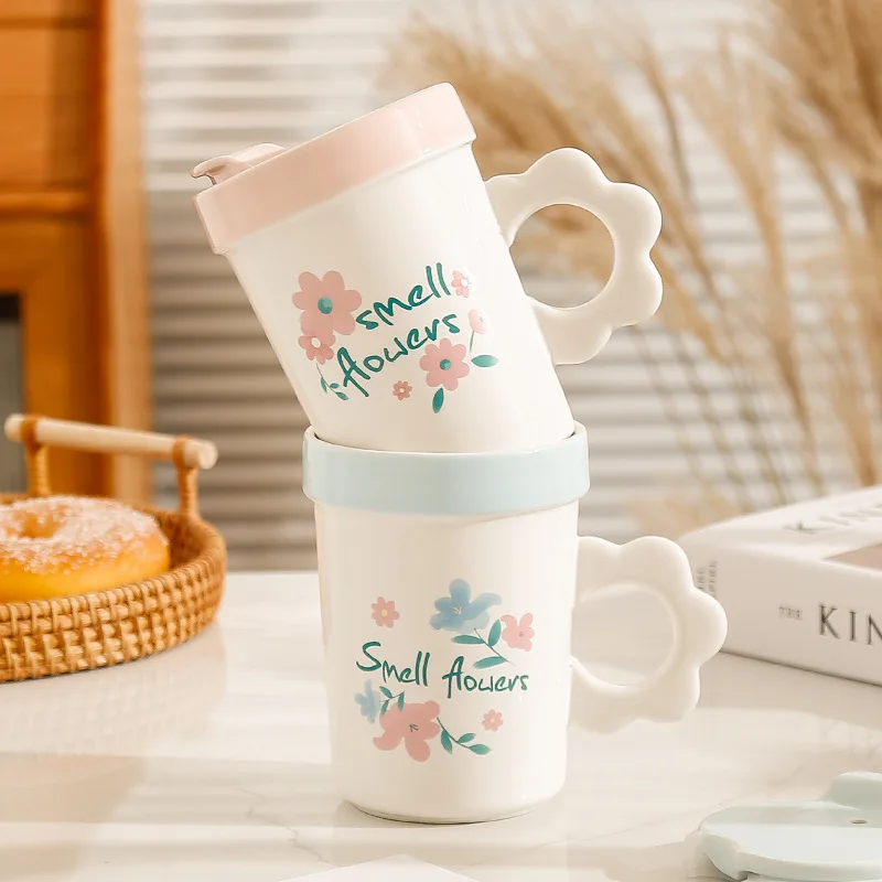 

Creative Flower Large Capacity, Durable Ceramic Mug with Lid, Safe and Healthy Milk, Coffee Mug Suitable for Home and Office Use