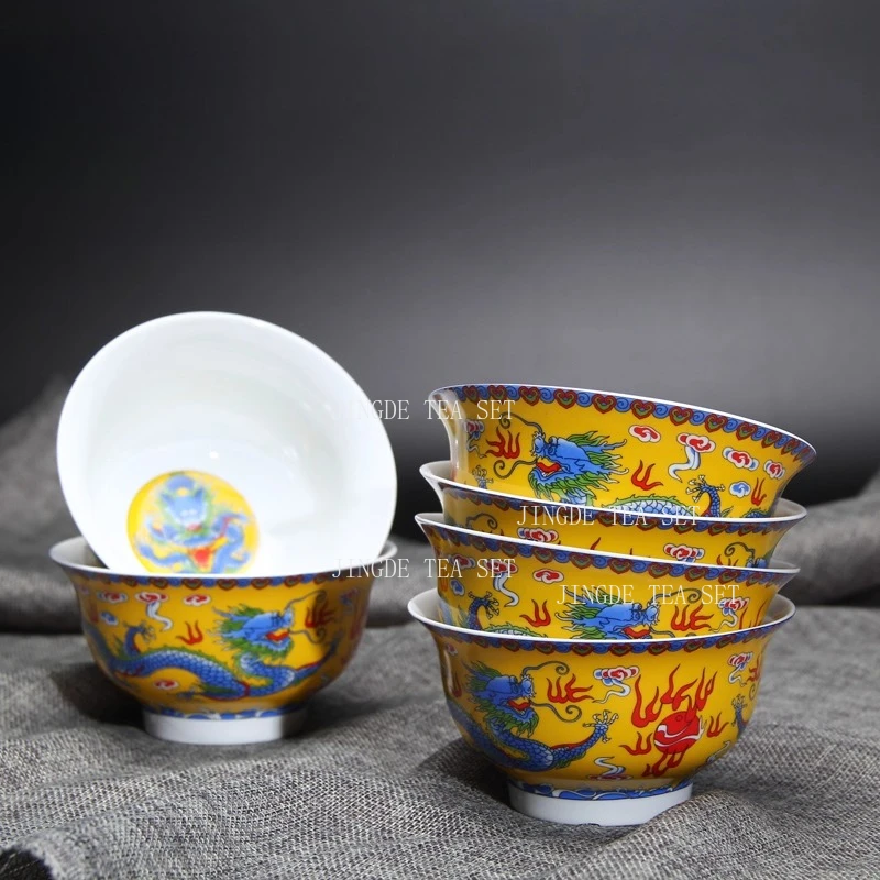 Jingdezhen Ceramic Tea Cup Household Dragon Bowl Colorful Yellow Dragon Patterned Rice Bowl Chinese Style Tea Cup