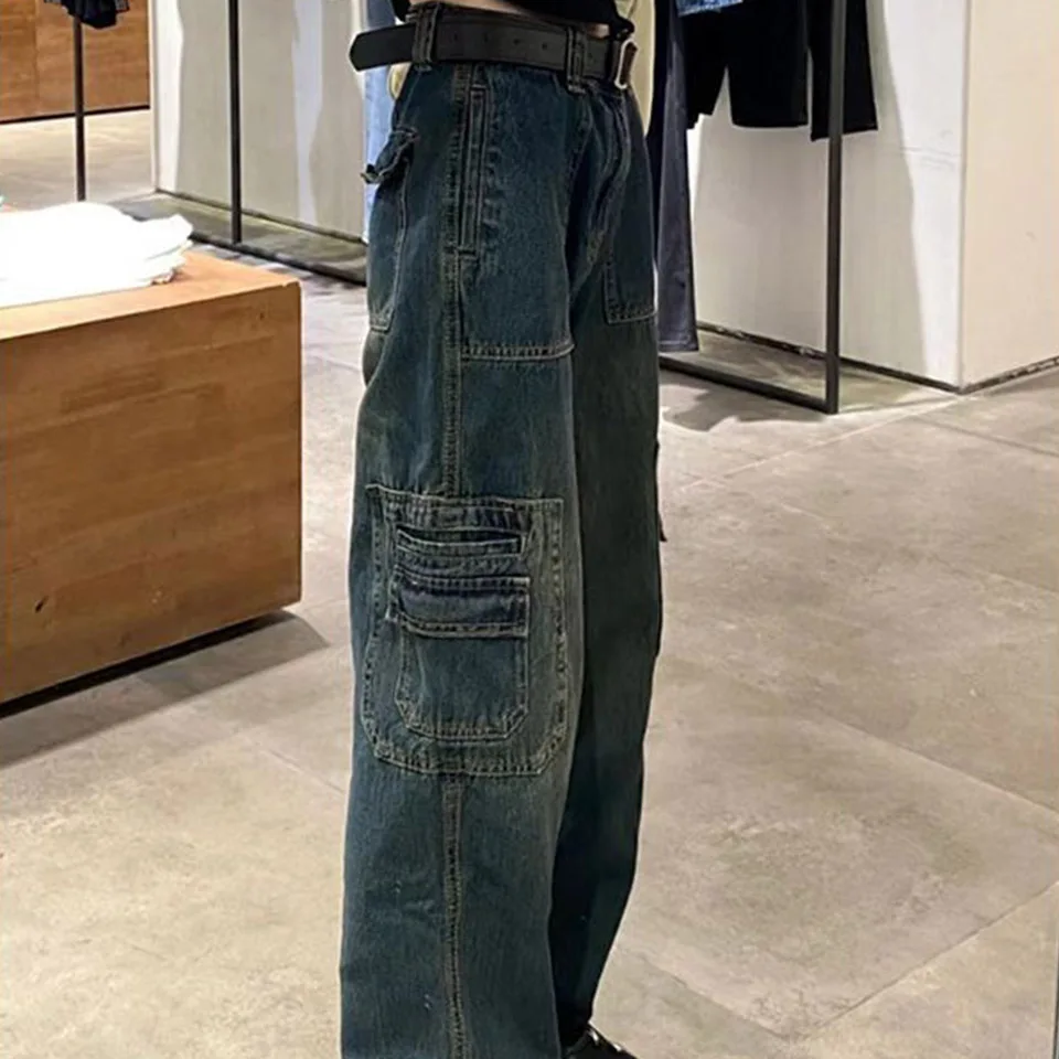 2024 New Retro Washed Pocket Jeans For Women Autumn High Waist Loose Straight Leg Daily Travel Shopping Wide Leg Workwear Pants elmsk new trendy workwear jeans men s trendy brand american retro straight leg pants loose oversized mop pants men s