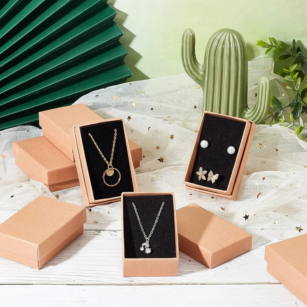 24 Pcs Rectangle Jewelry Box, 3.1x2x1" Tan Cardboard Jewelry Boxes Kraft Paper Gift Packaging Boxes Christmas Gift Paper