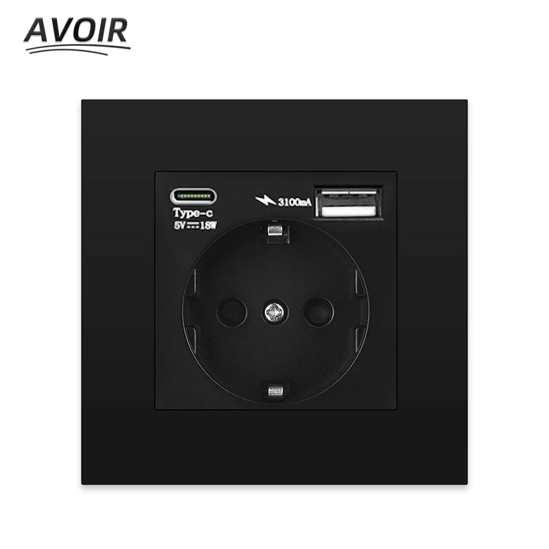 

Avoir EU Standard 16A Wall Power Socket With USB Type C Quick Changing Ports 2.1A 3100mA Black Plastic Panel Electrical Outlets
