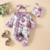 Baby Girl Newborn Onesies Romper 1-18Months Floral Cute Lace Clothing Set with Hat Infant Long Sleeve Cute Tiny Button Jumpsuit 2