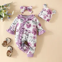 Baby Girl Newborn Onesies Romper 1-18Months Floral Cute Lace Clothing Set with Hat Infant Long Sleeve Cute Tiny Button Jumpsuit 2