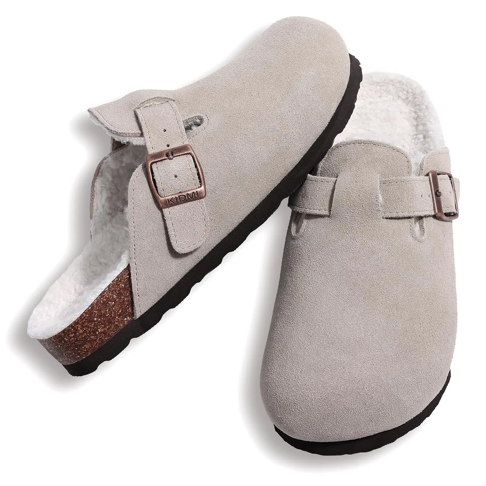 Women's Winter Furry Mules With Adjustable Buckle & Cork Insole_voghion.com
