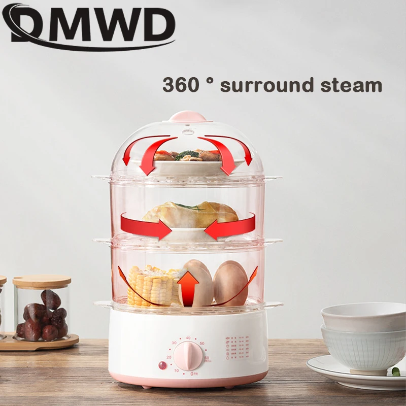 DMWD Household Electric Food Steamer 2L Mini Egg Boiler With Timer Knob Auto Shut-off Food Warmer 2/3 Layers Cooking Tools 5