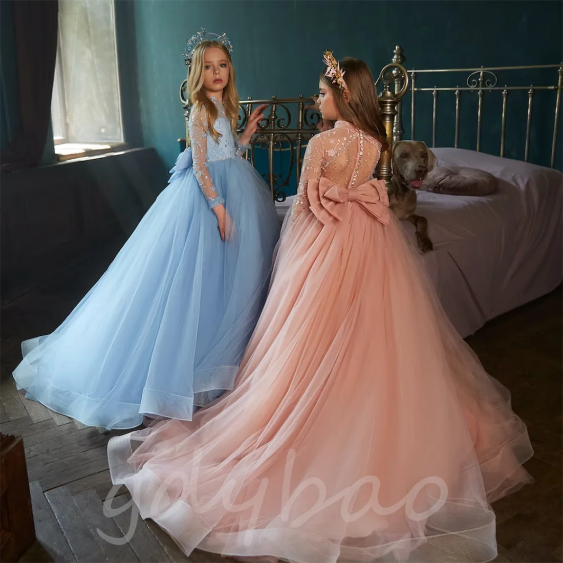 

Flower Girl Dress With Long Train Girls Princess Wedding Party Dress Girl Birthday Dresses Fashion Girl Vintage Dresses
