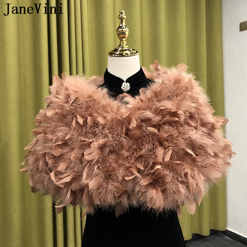 JaneVini White Ostrich Feathers Faux Fur Cape Women Black Fur