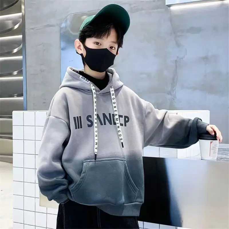New teens children boy velvet letter hooded fashion Autumn and winter street fashion 5.6.7.8.9.10.11.12year hoodies