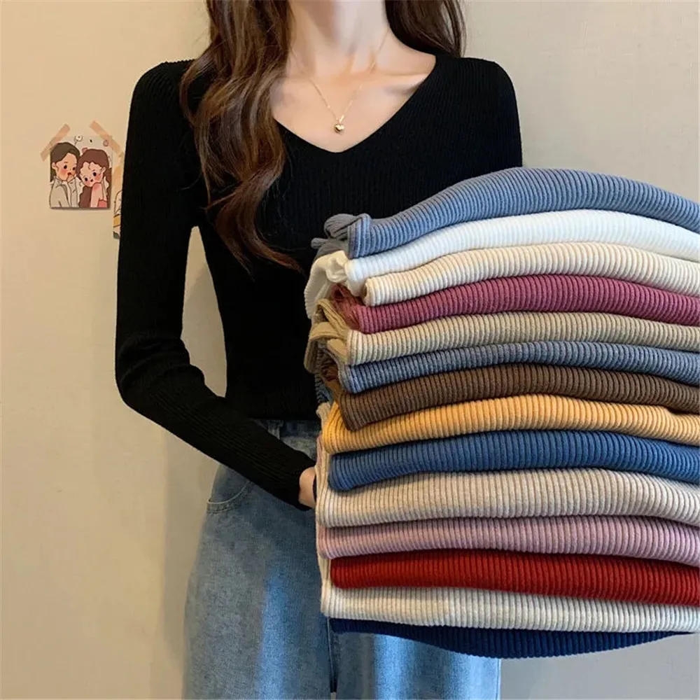 

Low Neck Casual Soft Warm Jumper Round Neck Solid Pullovers Basic Tops Women Slim Knitted Sweater Femal Simple Solid Long Sleeve