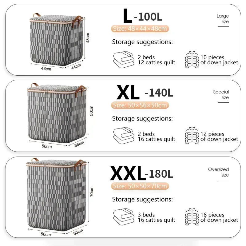180L Storage Clothes Bins with Fabric Houndstooth Lids Container Organizers Saving Space Bags Quilt Wardrobe Bag Closet Handle 6